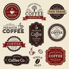 coffee badges and emblems for various types of drinks, including tea, coffee beans, espresso, cappuccino