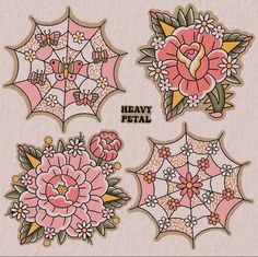 four different designs with flowers on them and the words heavy petal written in english