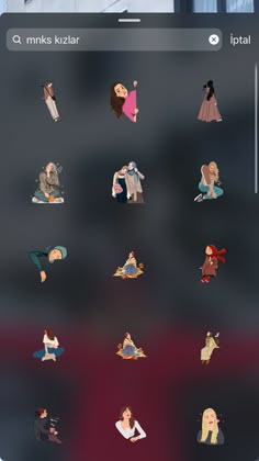 some stickers on the side of a cell phone showing people in different outfits and colors