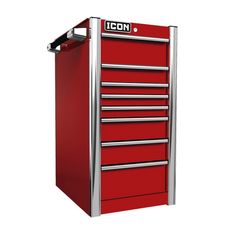 a red tool cabinet with six drawers