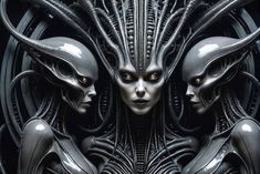 an alien woman and two men with horns on their heads are facing each other in front of a black background