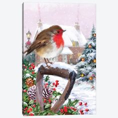 a bird sitting on top of a wooden fence in front of a snowy christmas tree