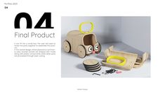 the wooden toy car is next to other toys and materials for making it look like an animal