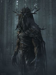 a creature with horns and long hair standing in the woods, staring at something behind him