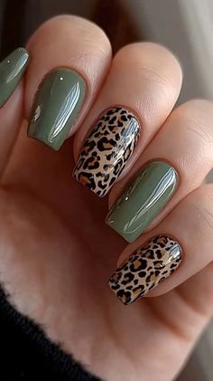 22 Must-Try Green Nail Designs for a Perfect Fall Manicure | Lookosm Green Nails With Leopard Print, Khaki Nail Designs, Leopard Fall Nails, Khaki Green Nails, Autumn Nails Green, Autumn Green Nails, Fall Green Nail Designs, Green Leopard Nails, Green Autumn Nails