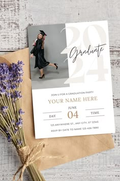 a graduation party card on top of a piece of paper next to some lavender flowers