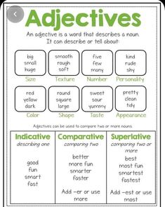 an adjective worksheet with words and pictures to help students learn how to use