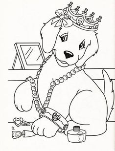 a coloring page with a dog wearing a tiara and holding a paintbrush in it's paws