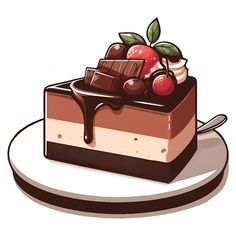 a piece of cake with chocolate and cherries on top