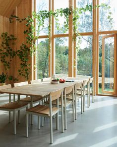 a dining room table and benches in front of large windows with plants growing on them