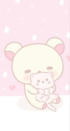 a cartoon bear holding a small kitten in its arms on a pink background with stars