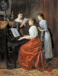 a painting of two women sitting at a piano and one woman standing next to her