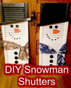 two snowmen made out of shutters with the words diy snowman shutterrs