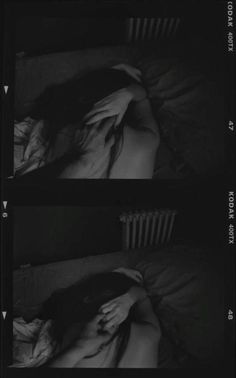 two pictures of a woman laying in bed