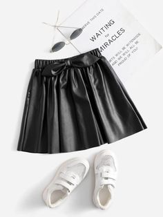 Young Girl Bow Front PU Leather Skirt Black Casual   Fabric Plain Flared Non-Stretch Spring/Fall Young Girls Clothing, size features are:Bust: ,Length: ,Sleeve Length: Skater Skirt Outfit, Pu Leather Skirt, Black Leather Skirts, Thanksgiving Outfit, Leather Outfit, Girls Bows, Skirt Design, Toddler Girl Outfits, Kids' Fashion