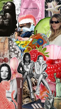 the collage shows many different pictures and people in their outfits, with one woman sitting on