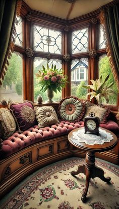 a corner couch in front of a window filled with lots of pillows and other furniture