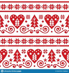 a red and white christmas border with hearts, stars and swirls on a white background