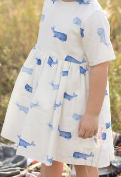 Beautiful Handmade Whale Print Dress | EYGoods on Etsy. Ocean themed kids clothing, under the sea Kids Summer Fashion Girl, Whale Dress, Baby Mode, Whale Print, Blue Whale, Fitted Top, Trendy Baby, Gathered Skirt