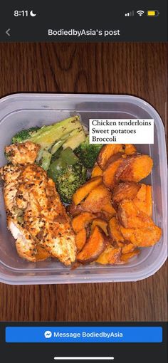 a plastic container with chicken, broccoli and sweet potato wedges on it