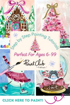 a collage of paintings with the words perfect for ages 6 - 9, paint club