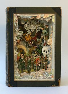 an old book with many different pictures on the front and back cover, including a skeleton