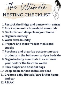 A nesting checklist is listed out one through twelve as a free printable. Nesting Schedule, Pregnancy Nesting Checklist, Nesting Party Ideas Checklist, Nesting To Do List, Nesting Shower Ideas, Nesting Checklist Before Baby, Nesting Party Checklist, Nesting Organization, Nesting Aesthetic