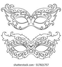 two masquerade masks with swirls on white background