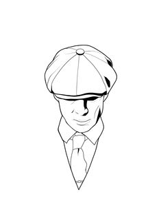 a black and white drawing of a man in a suit with a hat on his head