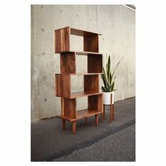 a wooden shelf sitting next to a potted plant on top of a cement floor