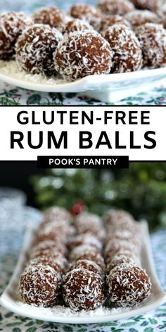 gluten - free rum balls on a platter with christmas decorations in the background