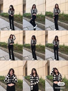 multiple pictures of a woman in black and white checkered jacket