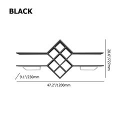 the width of a black metal shelf with an angled design on it and measurements for each shelf