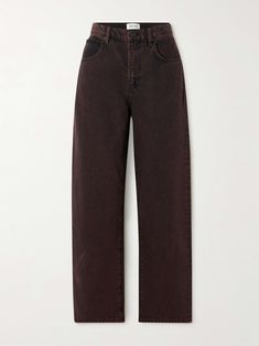 FRAME Long Barrel high-rise wide-leg jeans Wide Jeans Brown, Luxury Wide Leg Brown Jeans, Luxury Brown Straight Leg Jeans, Brown Wide Leg Jeans With Button Closure, Luxury Brown Denim Bottoms, Brown Jeans, Exclusive Dress, Sport Swimwear, Jeans Jumpsuit