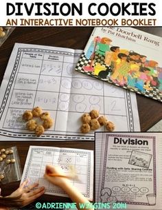 an interactive notebook booklet for division cookies and other activities to help students learn how to use it