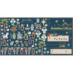 a nativity scene with the birth of jesus and baby jesus, surrounded by stickers