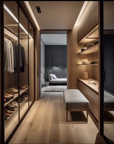 a walk - in closet with wooden shelves and shoes on the floor next to a bed