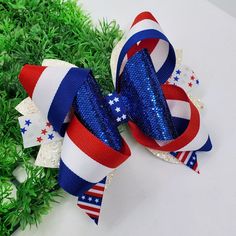 Cute 5 inches patriotic Bow, celebration bow, glitter fourth of July bow Hanukkah Hair Bows, Patriotic Hair Bows, Playful Bow Hair Accessories For Summer, Sparkly Cheer Bows, Baby Turban