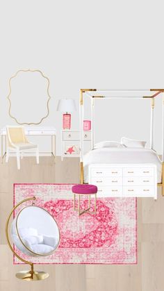 a white bed sitting on top of a wooden floor next to a pink area rug