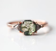 Engagement Rings Moss, Engagement Rings Moss Agate, Agate Wedding Ring, Hexagonal Ring, Pepper Diamond Ring, Salt Pepper Diamond, Green Gemstone Ring, Agate Engagement Ring, Moss Agate Ring