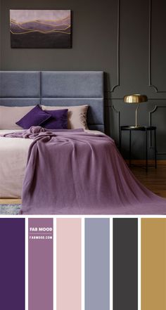 a bedroom with purple and grey colors in the walls, bedding and rugs