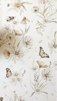 the wall paper has butterflies and flowers on it