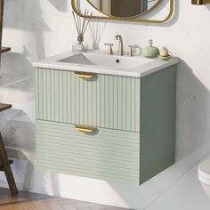 a bathroom with a sink, mirror and stool in the corner on the floor next to it