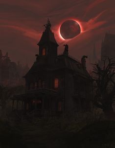 an old house with a blood moon in the sky