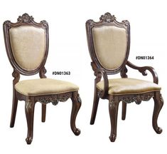 two wooden chairs with beige upholstered seats