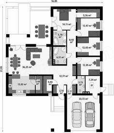 the floor plan for a three bedroom house with garage and living room area in it