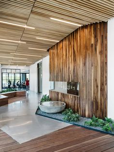 an office lobby with wood paneling and plants on the wall, along with wooden flooring