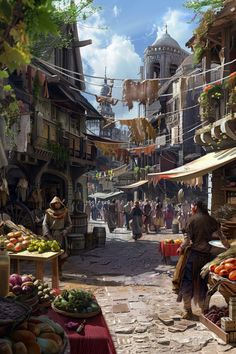 an artist's rendering of a street market with lots of fruit and vegetables on display