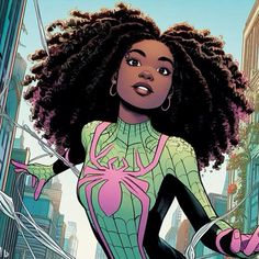 a woman in a green and pink spider suit