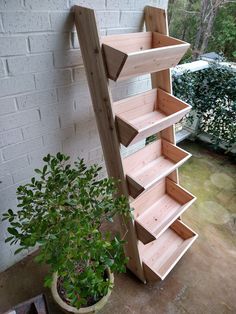 a wooden shelf next to a potted plant